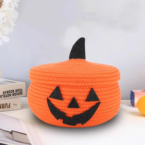 Panier De Rangement Tissé En Corde De Coton En Forme De Citrouille Lapin Avec Couvercle Halloween Bureau Organisateur De Bonbons