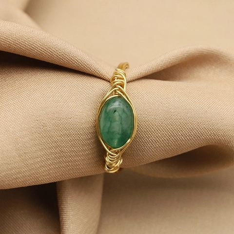 Vintage Handmade Gold Woven Wire Wrapped Ring With Oval Green Jade Stone Geometric Band Ring For Women Jewelry Gift