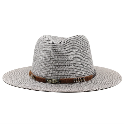 Chapeau De Paille Fedora Cowboy Western Respirant Protection Solaire Bord Large Plage Été Boucle Métallique Vintage Unisexe