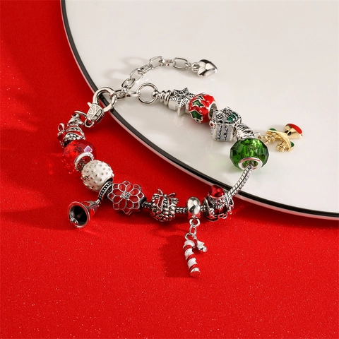 Christmas Charm Bracelet Silver Plated Snake Chain Enamel Alloy Glass Beads Adjustable Festive Holiday Jewelry For Women