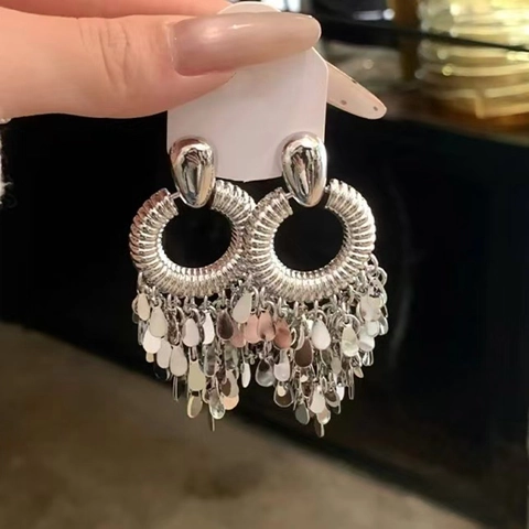 Metal Sequin Tassel Round Hoop Earrings With 925 Sterling Silver Earring Post Oversized Bohemian Fashion Accessories Women