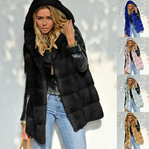 Gilet En Fausse Fourrure À Capuche Pour Femmes Longue Coupe Patchwork Peluche Sans Manches Manteau Hiver Chaud