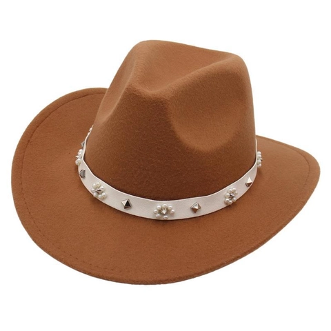Cappello da Cowboy Occidentale Retrò da Donna in Cotone Fedora Con Fascia in Perle e Rivetti Cappello Jazz per Festa Viaggio All'aperto