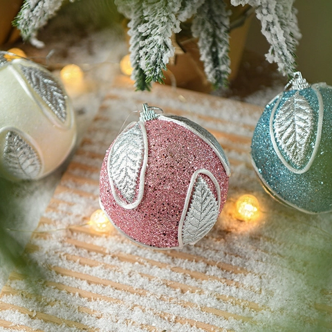 Christmas Ball Ornaments Foam Glitter With Silver Leaf Hanging Pendant Holiday Tree Decorations