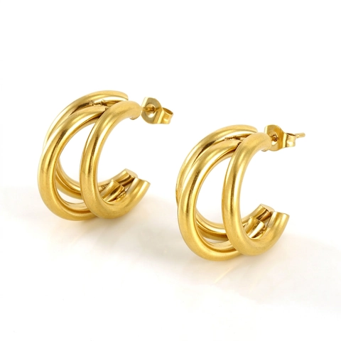 Triple Layered C Shaped Hoop Stud Earrings 18K Gold Plated Stainless Steel Minimalist Geometric Avant Garde Jewelry For Women