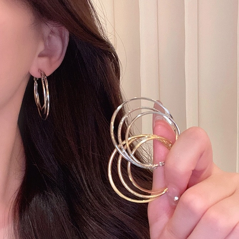 Triple Layer Hoop Earrings Copper 18K Gold Plated Matte Textured Elegant Geometric Circle Dainty Jewelry Women
