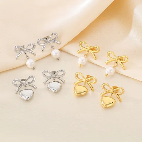 Orecchini A Fiocco Con Perla Artificial E Cuore Acciaio Inossidabile Gioielli Di Moda Eleganti Regalo Donna
