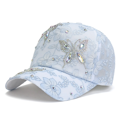 Casquette De Baseball Papillon Strass Dentelle Florale Respirante Ajustable Chapeau De Soleil Mode Femmes