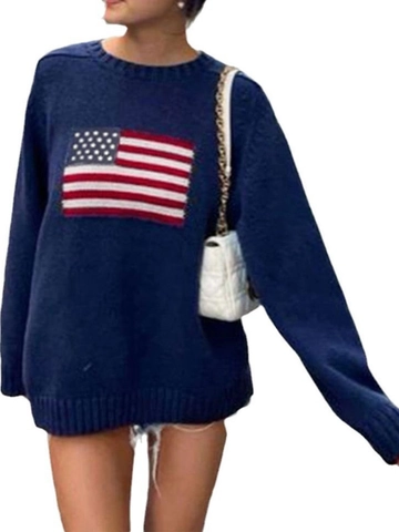 Jersey Pullover Mujer Punto Algodón Poliéster Patrón Bandera Cuello Redondo Manga Larga Informal Otoño Invierno