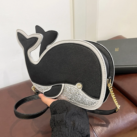 Whale Shaped Crossbody Bag PU Leather And Sequin Glitter Novelty Animal Design Gold Chain Strap Sweet Fashion For Women