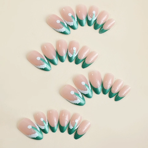 Uñas Postizas Punta Francesa Verde Almendra Con Diseño Gorro Navidad Purpurina Manicura Artificial Festiva Mujeres