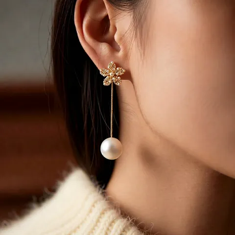 Orecchini Pendenti Con Fiori E Künstliche Perle Con Perno In Argento Placcati Oro 18K Zircone Vintage Francese Per Donna