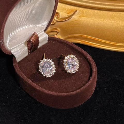 Orecchini A Lobo Halo Zirconia Ovali Con Perno In Argento Lega Gioielli Eleganti Scintillanti Per Donne