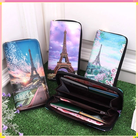 Eiffel Tower Print Long Zipper Wallet PU Leather Multi Card Slots Paris Landscape Clutch Purse For Women