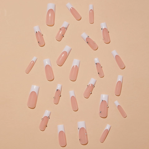 French White Tip Press On Nails Long Coffin Künstliche Nägel Strass Maniküre Für Frauen Gelee Kleber Und Nagelfeile
