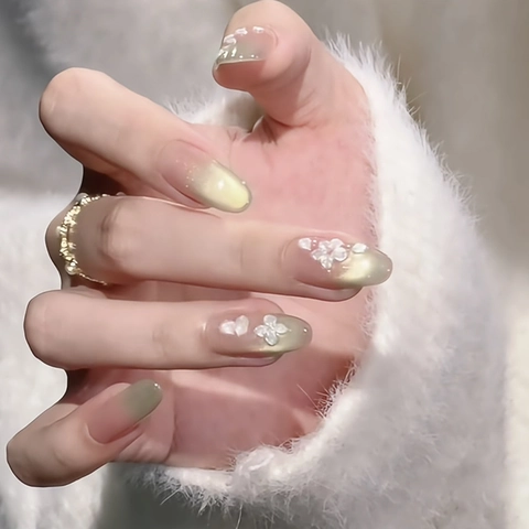 Press On Nails Mint Green Cat Eye Gradient 3D Flower Heart Decors Elegant Sweet French Style False Nails For Women