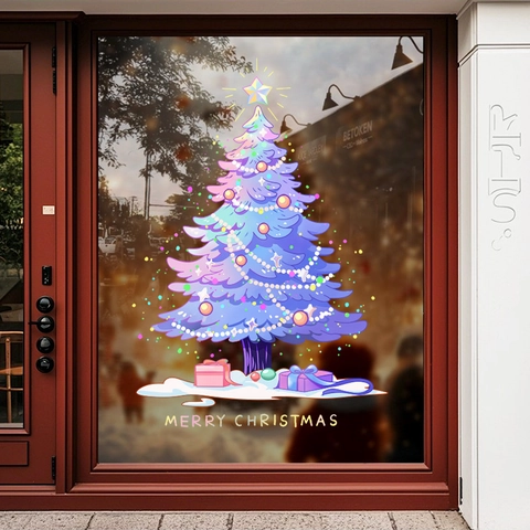 Christmas Window Sticker Static Cling PVC Glue Free Double Sided Xmas Tree Purple Blue Gradient Cartoon Festive Glass Decor