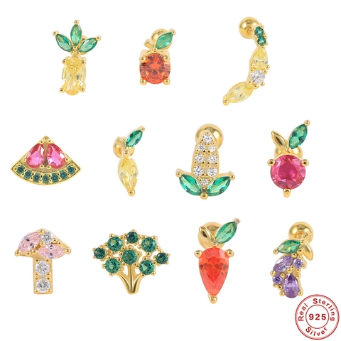 925 Sterling Silver Fruit Zirconia Stud Earrings Cute Pineapple Watermelon Banana Cartilage Piercing Jewelry For Women