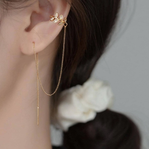 Kupfer Zirkon Lange Quaste Ohrmanschette Stecker Ohrringe Blatt Blumen Design Koreanische Mode Glänzender Schmuck Für Frauen