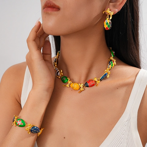 Vintage Faberge Style Necklace Bracelet And Earrings Alloy Enamel Rhinestone Bow Knot Egg Pendant For Women