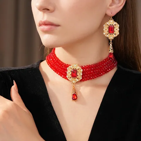 Vintage Schmuck Mehrreihige Glasperlenkette Und Hängeohrringe Legierung Strass Hohl Barockstil Für Damen
