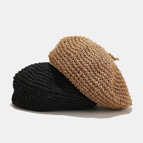Women Straw Woven Beret Hat Summer Breathable Sun Protection Vacation French Vintage Artist Painter Cap Solid Color