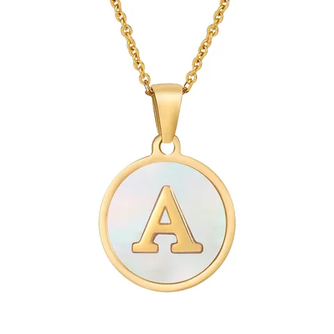Round Alphabet Pendant Necklace 304 Stainless Steel 18K Gold Plated Natural Shell Mother Of Artificial Pearl Initial Jewelry For Women
