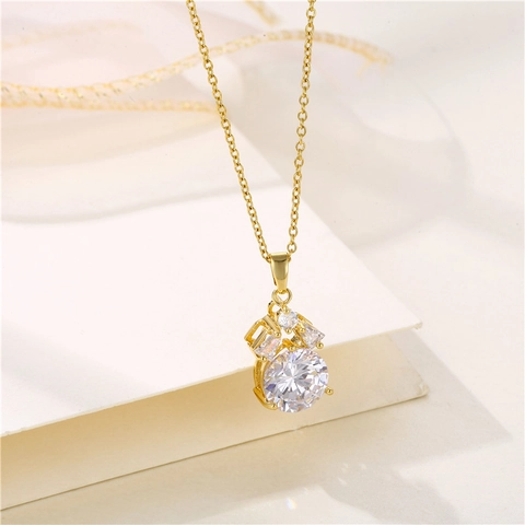 Runde Zirkonia Anhänger Halskette Vergoldeter Edelstahl Vier Krallen Geometrischer Einfacher Minimalistischer Stil Damen