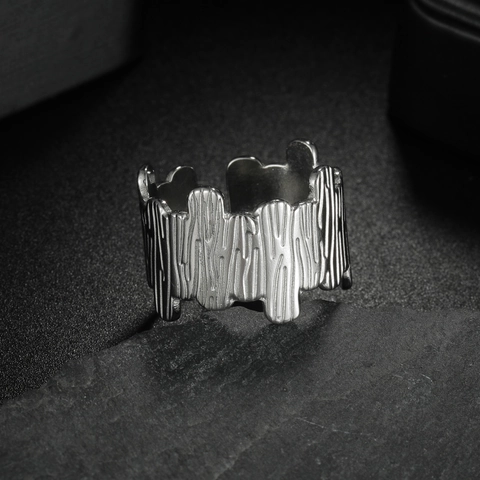 Europäisch Amerikanischer INS Stil Geometrischer Edelstahlring Rindentextur Jahresring Verstellbarer Gold Silber Offener Ring Für Damen Schmuck