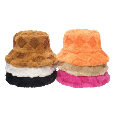 Plush Bucket Hat Diamond Geometric Lattice Pattern Winter Warm Windproof Faux Fur Solid Color Fashion Accessory