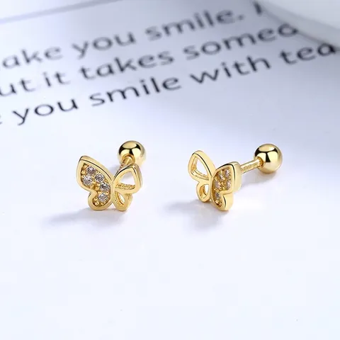 Butterfly Stud Earrings 925 Sterling Silver Sparkling Cubic Zirconia Screw Back Dainty Minimalist Trendy Jewelry For Women