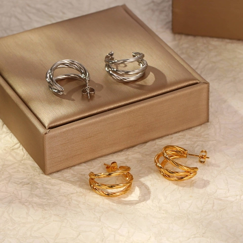 Orecchini A Cerchio In Acciaio Inossidabile Placcato Oro 18K Tripla Capa Corda Intrecciata Gioielli Moda Donna
