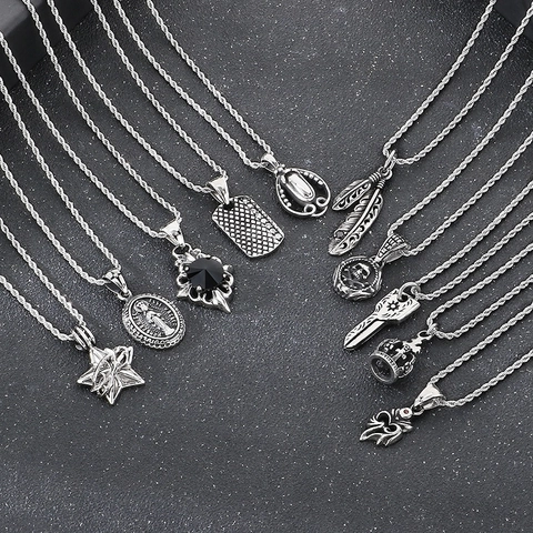 Ciondolo In Acciaio Inossidabile Punk Vintage Croce Piuma Teschio Stella Corona Zircone Gioielli Gotici Uomo Donna