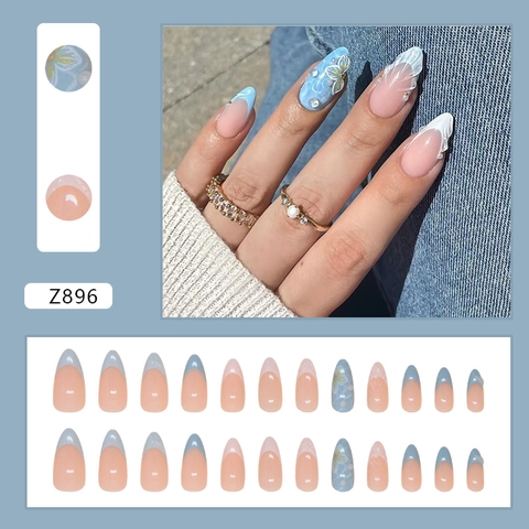 Press On Nails Long Almond Summer Ocean Wave 3D Relief Flower Shell French Rhinestone Artificial Pearl ABS Glossy Nails For Women