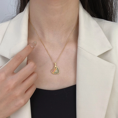 Heart Pendant Necklace Gold Plated Stainless Steel With Rainbow Zirconia Stones Sweet Elegant Dainty Jewelry For Women