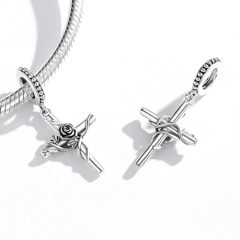 Charm Croix Rose Argent Sterling 925 Vintage Oxydé Fleur Vigne Pendentif Bijoux Religieux Pour Femmes