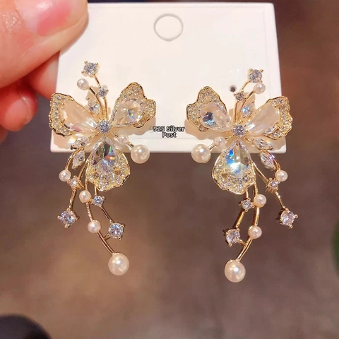 Light Luxury Copper Butterfly Drop Earrings With 925 Sterling Silver Earring Post Rhinestone Artificial Pearl Tassel Jewelry