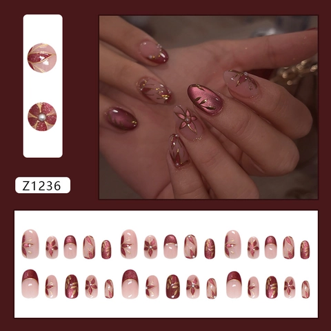 Unghie Finte Press On Occhio Di Gatto Vintage Stampa Oro Fiore Perla Artificial Decorazione Marrone Rosso Ovali ABS Per Donne