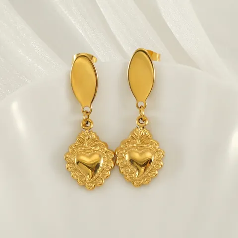 Orecchini A Goccia Sacro Cuore Acciaio Inossidabile Placcato Oro 18K Vintage Cuore Goffrato Gioielli Donna