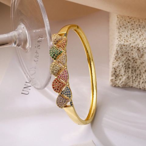 Brazalete Vintage De Lujo Con Circón Colorido En Forma De Abanico Cobre Chapado En Oro Joyería De Gama Alta Para Mujeres
