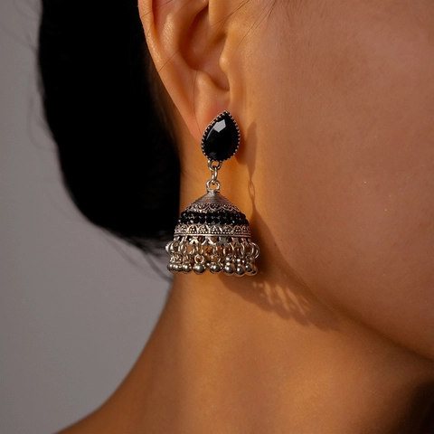 Vintage Jhumka Bell Tassel Earrings Alloy Rhinestone With 925 Sterling Silver Earring Post Ethnic Bohemian For Women