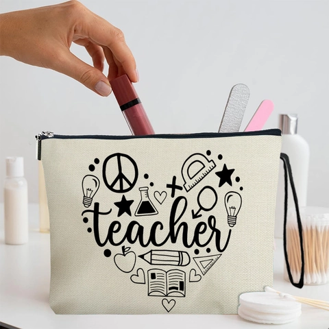 Borsa Trucco In Lino Fine Per Insegnante Stampa Cuore Pochette Cosmetici Viaggio Organizzatore Con Cinturino Da Polso