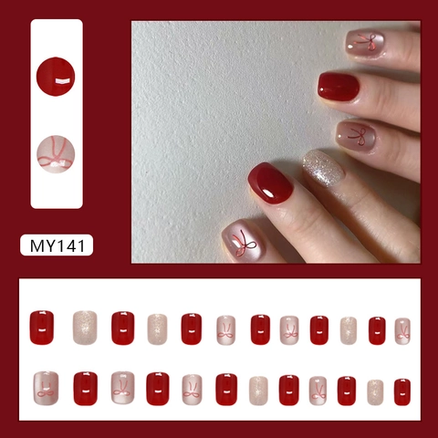 Red Bow Cat Eye Press On Nails Glossy Glitter Short Square Abs Plastic Resin Artificial Fake Nails For Women Sweet Elegant
