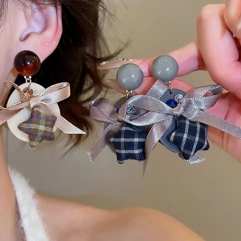 Plaid Star Pendant Earrings With Bow Fabric Resin Bead And 925 Sterling Silver Earring Post Retro Sweet For Women