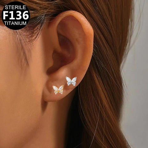 F136 Titanium Vlinder Maan Labret Lippiercing Stud Interne Schroefdraad Zirkonia Platte Achterkant Kraakbeen Sieraden