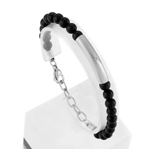 Black Onyx Beaded Bracelet With Stainless Steel Curved Tube And Rhinestone Minimalist Punk Adjustable Jewelry Unisex