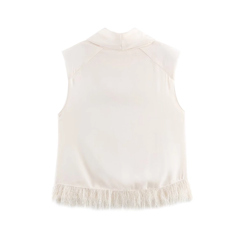 Women Sleeveless Top Satin Polyester Padded Shoulder Fringe Hem Mock Neck Solid Color Elegant Blouse