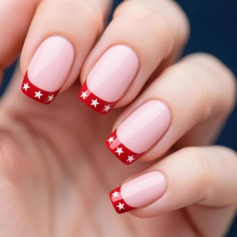 Press On Nails Short Square Artificial False Nails Red French Tip White Star Pattern Chic Manicure For Women