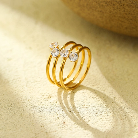 Franse INS Stijl Drielaagse Roestvrijstalen Open Ring 18K Verguld Zirkonia Ingelegd Spiraal Ring Voor Vrouwen Mode Sieraden