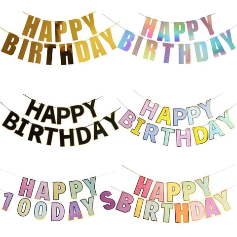 Happy Birthday Banner Macaron Paper Garland With Gold Stamping For Party Background Wall Decoration Hanging Streamer Decoration